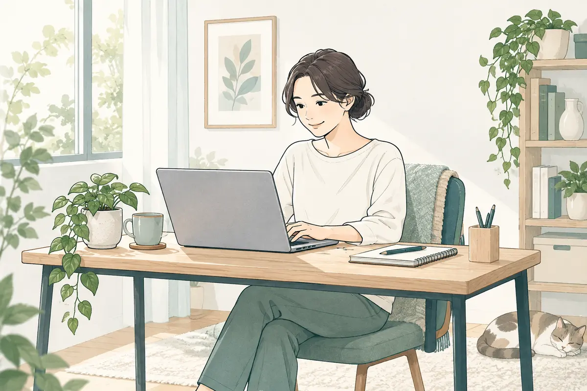明るい自宅のデスクでパソコン作業をする人のイラスト